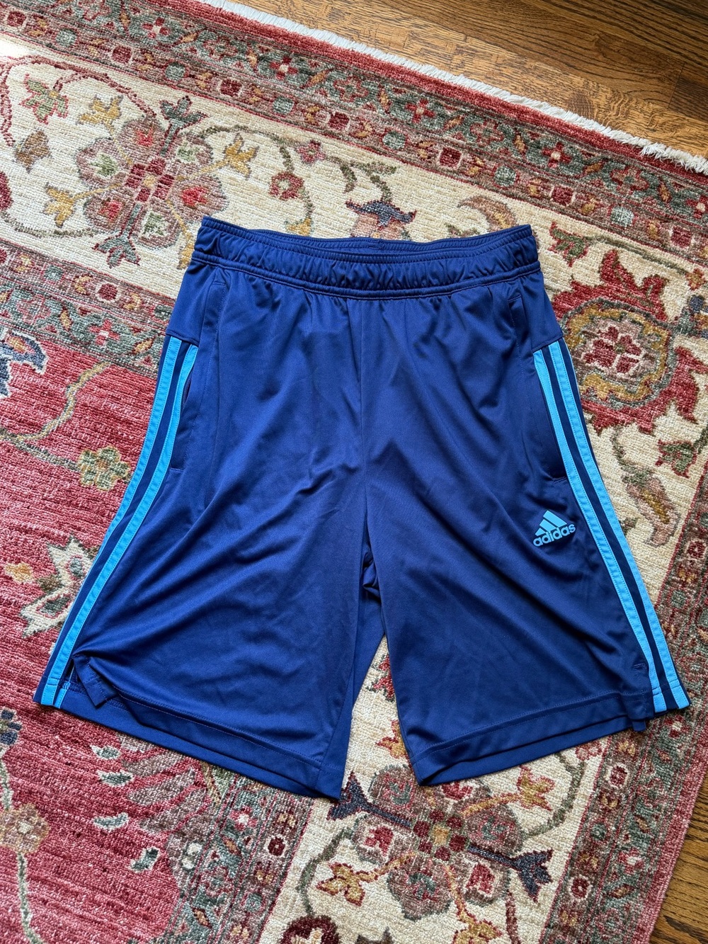 Adidas Navy Athletic Shorts with Blue Stripes - Men’s Small